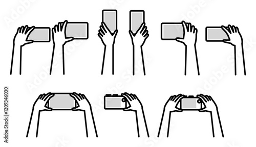スマホやカメラを持つ手セット　白黒