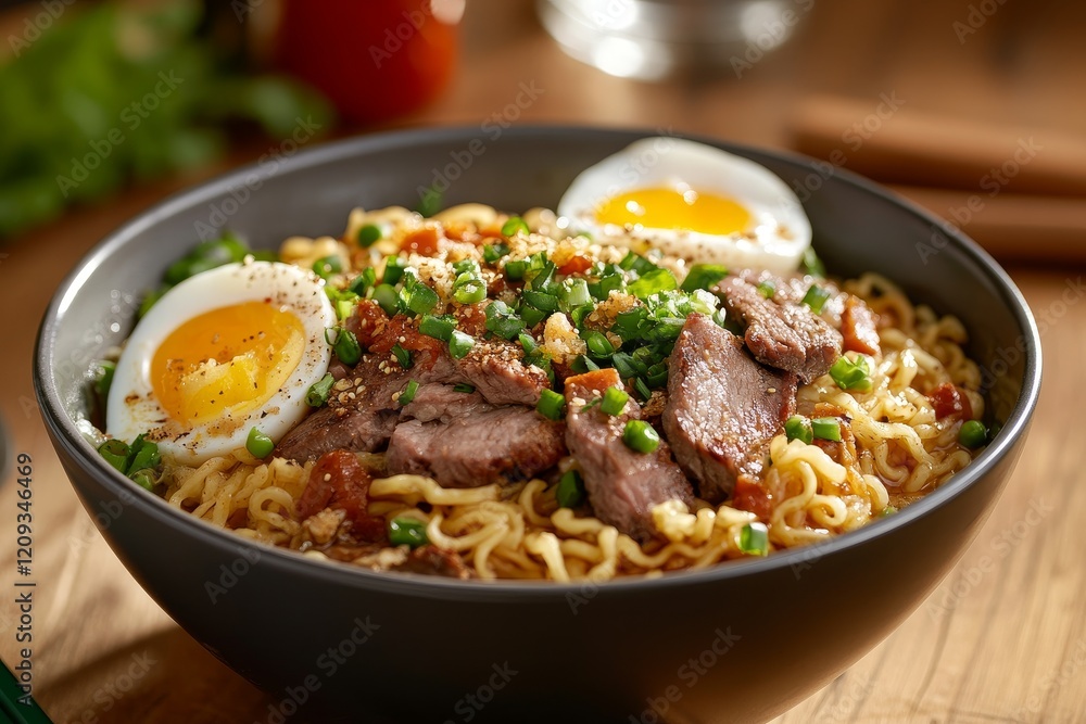 Delicious beef ramen noodles with soft boiled eggs, garnished with spring onions in a dark bowl. Delicious beef ramen noodles with soft boiled eggs, garnished with spring onions in a dark bowl.