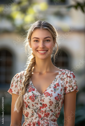 A vibrant portrait of a young woman with blonde braided hair wearing a floral dress, radiating happiness with a broad smile, standing outdoors against a blurred sunny backdrop.