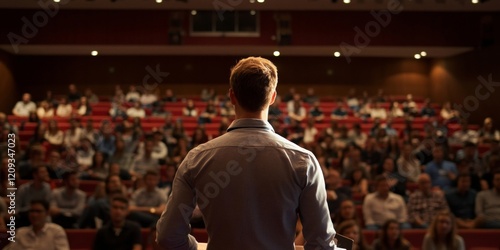 Male speaker giving presentation in lecture hall at university workshop. Audience in conference hall. Rear view of unrecognized participant in audience. Scientific conference event., Generative AI photo