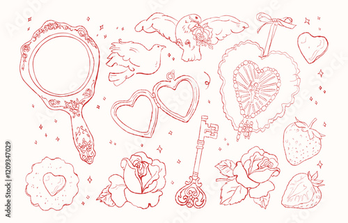 Set of various decorative vintage items, pendant, heart embroidery, antique mirror, key. Different shapes. Vintage, retro design. Elegant, modern style. Hand drawn trendy Vector illustration. 