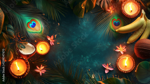 Sacred Thaipusam Celebration Featuring Diya Lights, Peacock Feathers, Bananas, Lotuses, and Coconuts in a Festive Background