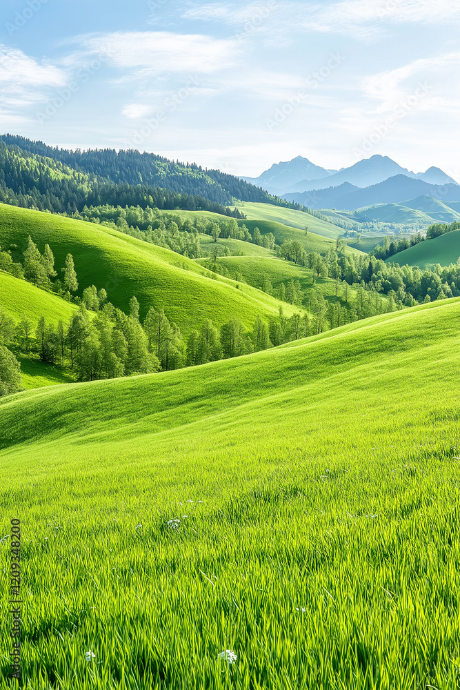 Fototapeta premium A lush green field with mountains in the background