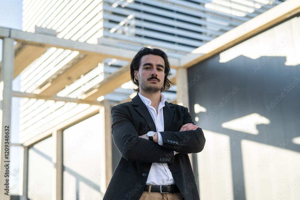 Professional And Successful Businessman Standing Outdoors Near Contemporary Office Building, Business Attire, Arms Crossed, Corporate Leader Concept Professional And Successful Businessman Standing Outdoors Near Contemporary Office Building, Business Attire, Arms Crossed, Corporate Leader Concept