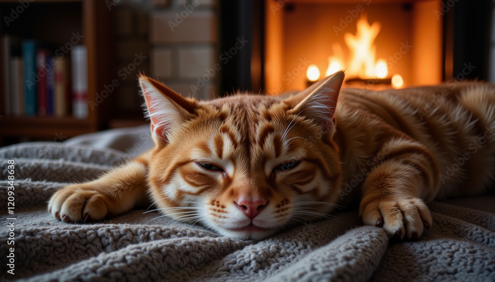 Cozy cat dozing by the fireplace on soft blanket, warmth and peace Cozy cat dozing by the fireplace on soft blanket, warmth and peace