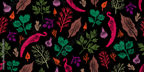 Spice pattern. Food background. Chalk board with pepper garlic chili basil rosemary vector. Black chalkboard with color crayon illustration. Seamless pattern. Kitchen spicy background. Hot spice bg