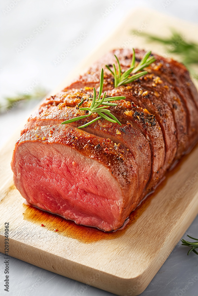 A piece of meat with rosemary on top of it A piece of meat with rosemary on top of it