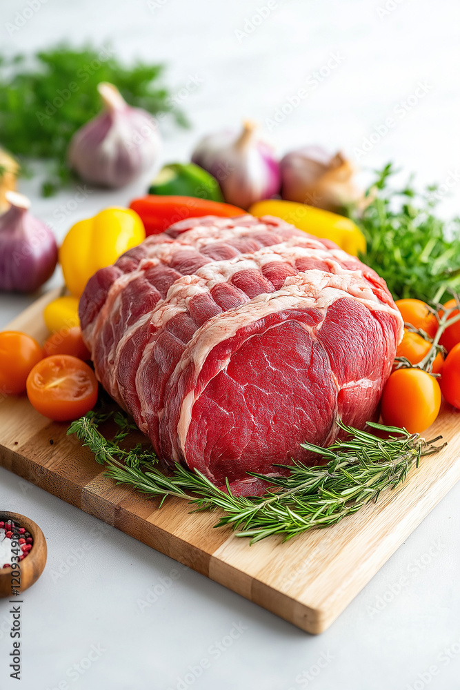 Concept of abundance and freshness, as the meat is surrounded by a colorful Concept of abundance and freshness, as the meat is surrounded by a colorful