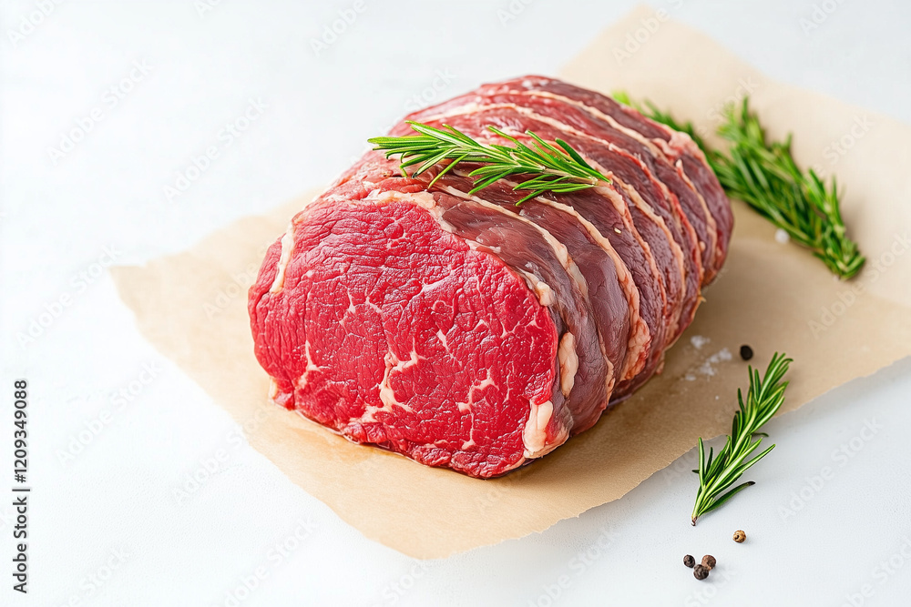 Fototapeta premium A piece of meat is displayed on a paper towel with some herbs on top