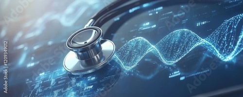 Close up of a stethoscope and digital tablet with virtual electronic medical record of patient