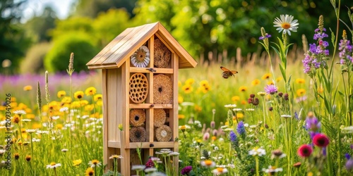 Wooden insect hotel situated amidst a vibrant wildflower meadow, attracting beneficial pollinators and promoting biodiversity in a natural garden setting.
