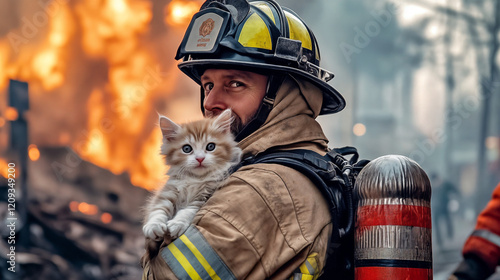 Photo of a firefighter holding a cute rescued kitten. In the background is a fire with smoldering debris and smoke