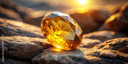 A Golden Gemstone Rests on Rough Rocks at Sunset, Illuminated by Warm Light