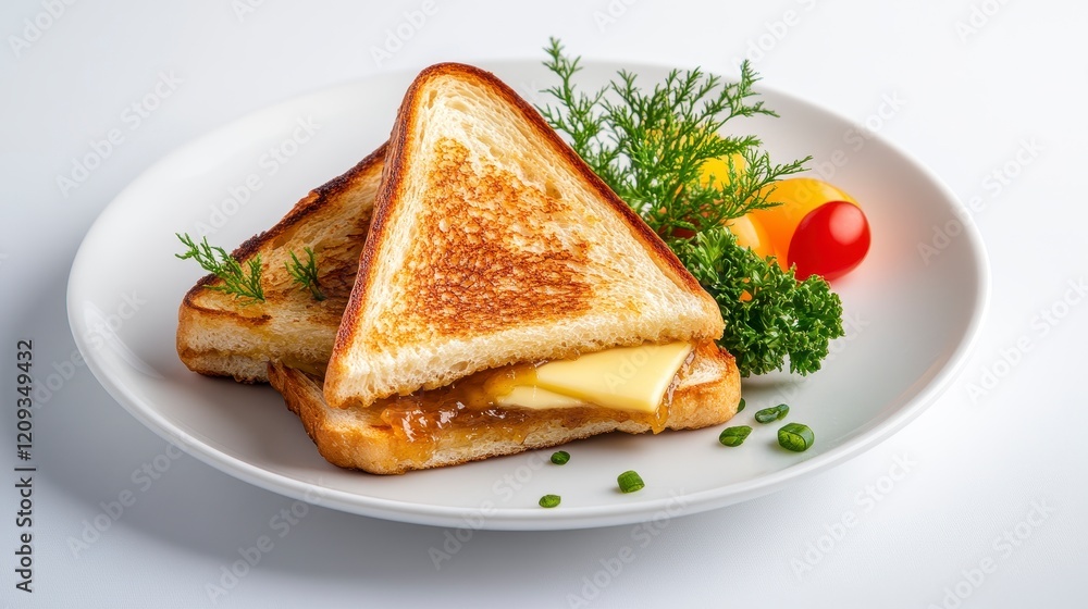 Delicious grilled cheese sandwich with fresh vegetables on a white plate, showcasing culinary art Delicious grilled cheese sandwich with fresh vegetables on a white plate, showcasing culinary art