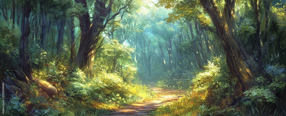 Sunlit path through lush green forest. (2) Sunlit path through lush green forest. (2)