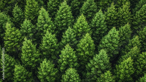 Aerial view of dense evergreen trees creating a lush green forest canopy.