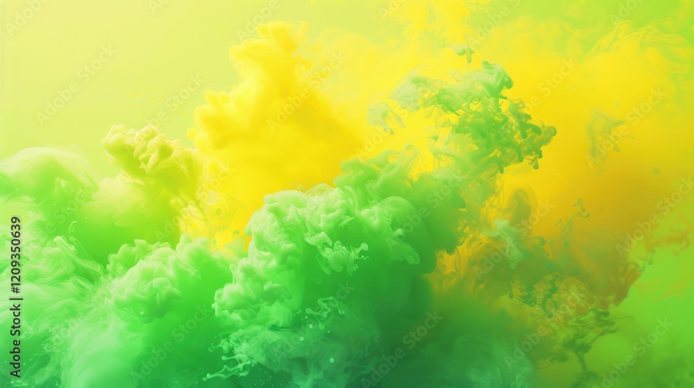 Vibrant Swirls of Yellow and Green Smoke Blending Beautifully in a Misty Atmosphere Creating a Dreamy, Abstract Background for Artistic Designs