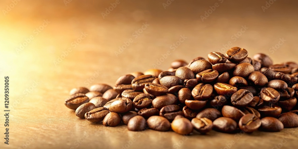 Aromatic Roasted Coffee Beans Illuminated by Warm Light on a Smooth Surface Aromatic Roasted Coffee Beans Illuminated by Warm Light on a Smooth Surface