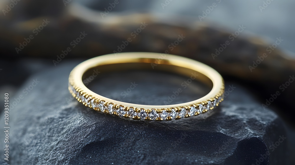 Elegant Gold Ring with Sparkling Stones on Dark Stone Surface Elegant Gold Ring with Sparkling Stones on Dark Stone Surface