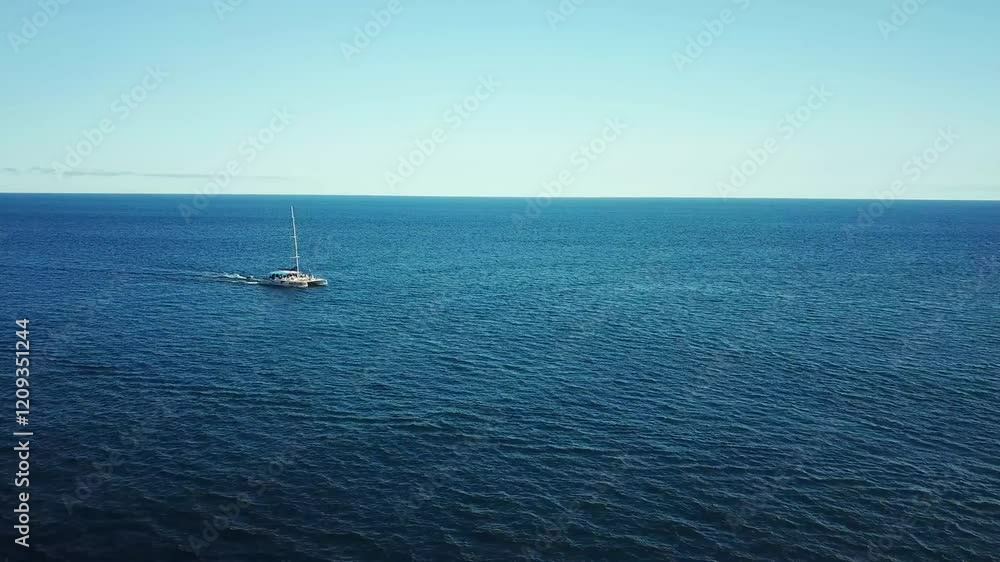 A sailboat cruises through the tranquil blue waters of the open sea, near Funchal Madeira, under a clear sky. The vast expanse of the ocean meets the horizon, creating a serene and picturesque scene A sailboat cruises through the tranquil blue waters of the open sea, near Funchal Madeira, under a clear sky. The vast expanse of the ocean meets the horizon, creating a serene and picturesque scene