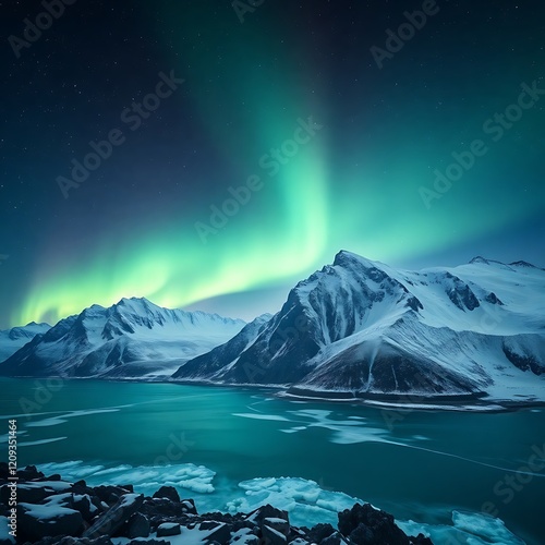 Wallpaper Mural Borealis starry night sky vibrant green light background Torontodigital.ca