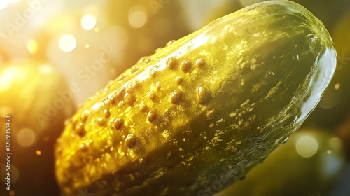 Close-up of a vibrant, glistening pickle; a culinary delight
