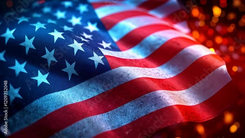 Displaying American spirit with a waving flag during a festive celebration at night