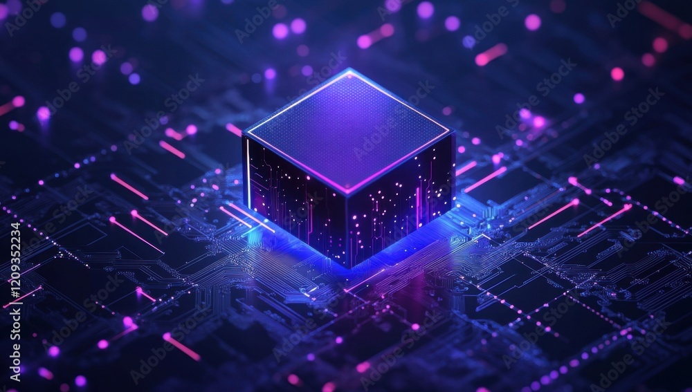 Obraz premium Neon Cube on Circuit Board: A Digital Abstract