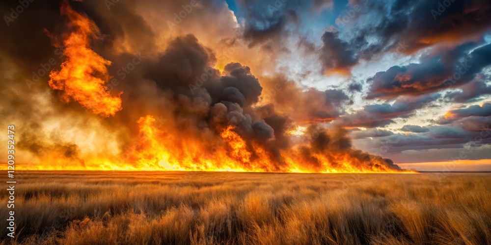 Fototapeta premium Fiery Sunset Blaze Across a Vast Prairie Landscape A Dramatic Image of Wildfire