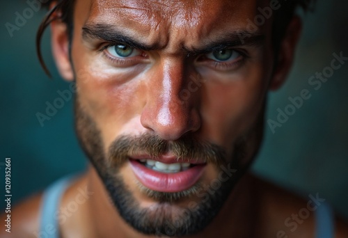 Male athlete's face, drenched in sweat, showcasing his raw emotion and fierce gaze highlight the dedication required in high-level sports photo