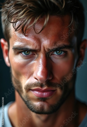 Male athlete's face, drenched in sweat, showcasing his raw emotion and fierce gaze highlight the dedication required in high-level sports