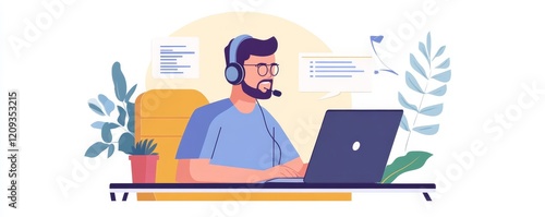 Crm, mockup or man in a telemarketing call center helping, talking or networking online via microphone. Contact support, consultant or insurance agent in communication at customer services or sales, G photo