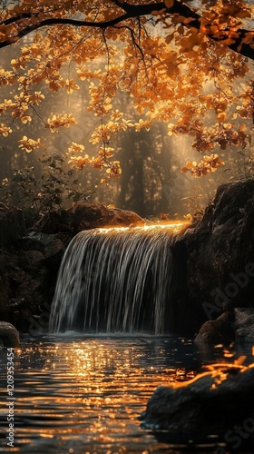 Golden Waterfall in Autumn Forest: A Serene Landscape