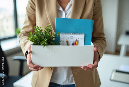 Person holding a box with office items.