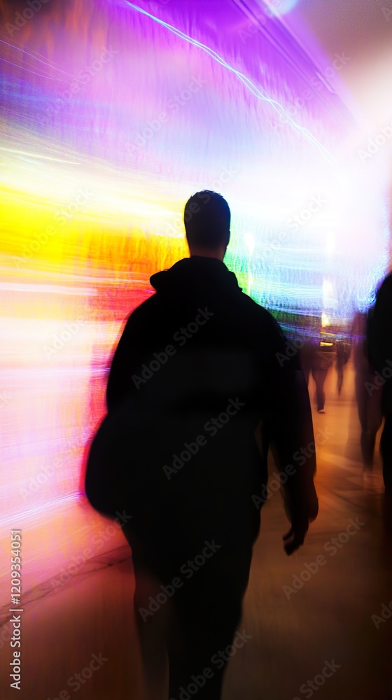 A solitary figure walking through vibrant, blurred city lights at night. A solitary figure walking through vibrant, blurred city lights at night.