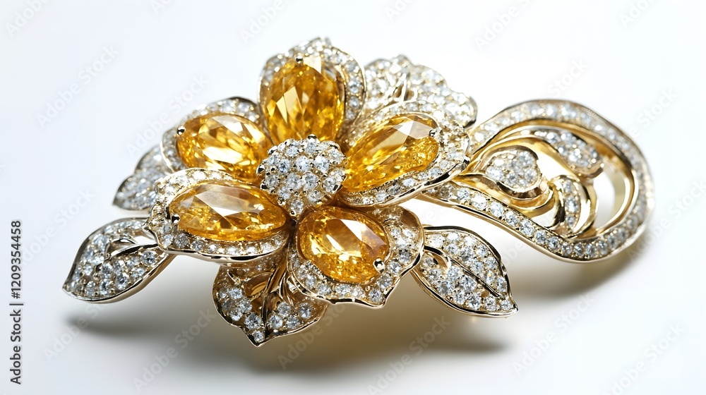 Elegant Floral Brooch with Yellow Gemstones and Diamond Accents Elegant Floral Brooch with Yellow Gemstones and Diamond Accents