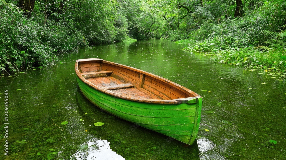 Tranquil green rowboat on serene river, lush foliage background; peaceful nature scene for travel brochures Tranquil green rowboat on serene river, lush foliage background; peaceful nature scene for travel brochures