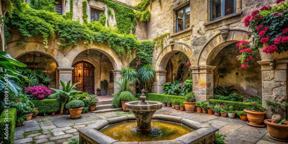 Serene Courtyard Oasis Ancient Stone Arches, Lush Greenery, and a Tranquil Fountain in a Picturesque Garden Setting Serene Courtyard Oasis Ancient Stone Arches, Lush Greenery, and a Tranquil Fountain in a Picturesque Garden Setting