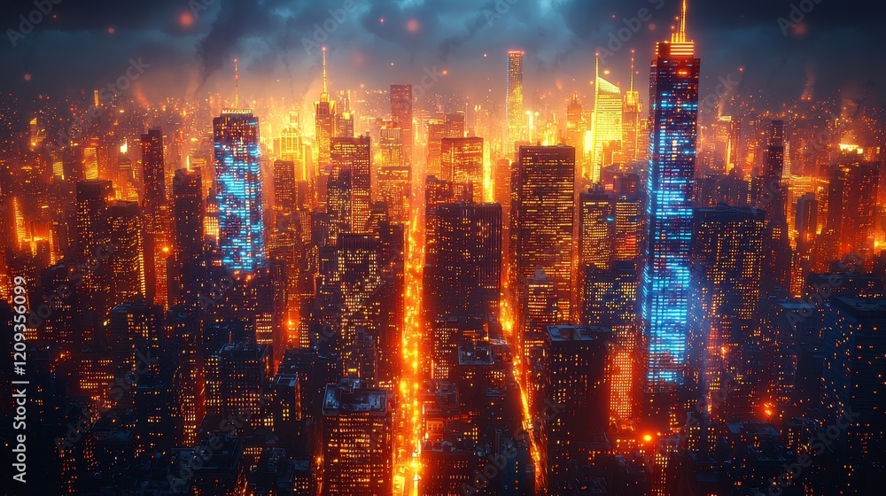 Fototapeta premium Burning city skyline at night, fiery skyscrapers and streets.