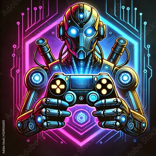 Logo A futuristic, realistic robot with neon lights embedded in its body, holding a glowing gaming joystick, in a cyberpunk theme photo