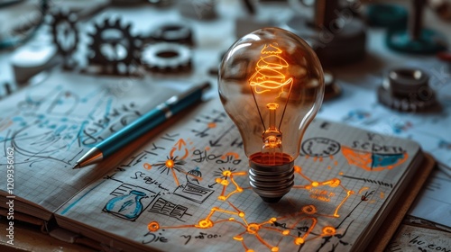 Illuminated Light Bulb on Sketchbook with Gear Background