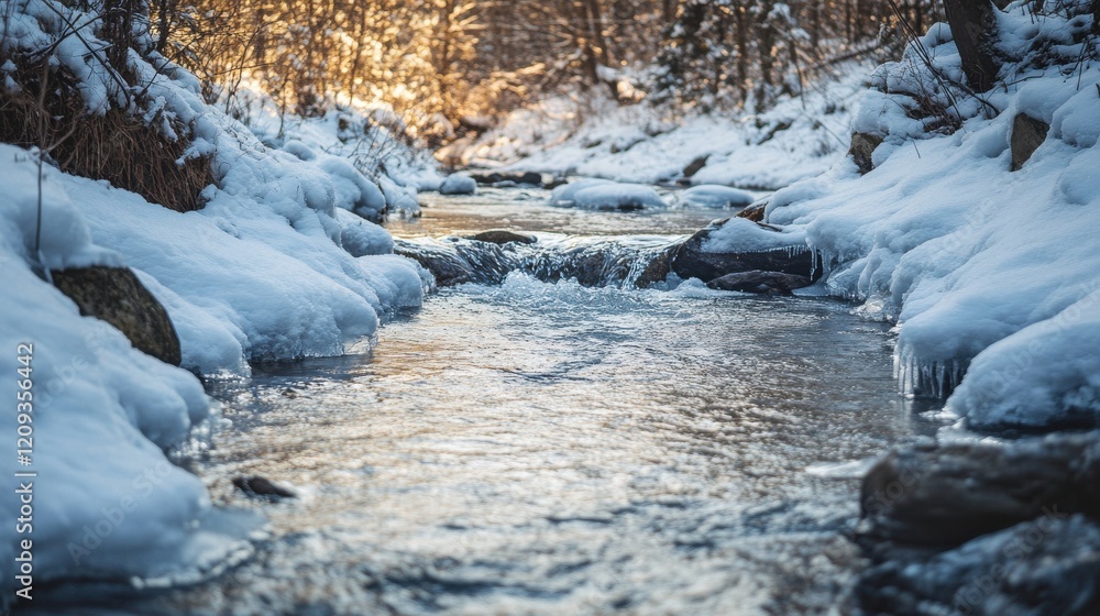 A tranquil winter stream flowing through a snowy forest, glistening in soft sunlight. A tranquil winter stream flowing through a snowy forest, glistening in soft sunlight.