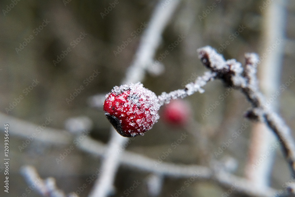 Red fruits of wild bushes painted with frost in winter.
Red fruits of wild bushes painted with frost in winter.