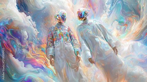 A surreal depiction of two characters floating in a colorful dreamscape, wearing avant-garde outfits of patchwork fabric and luminous threads, surrounded by swirling abstract clouds of pastel and neon