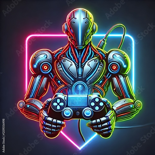 Logo A futuristic, realistic robot with neon lights embedded in its body, holding a glowing gaming joystick, in a cyberpunk theme photo