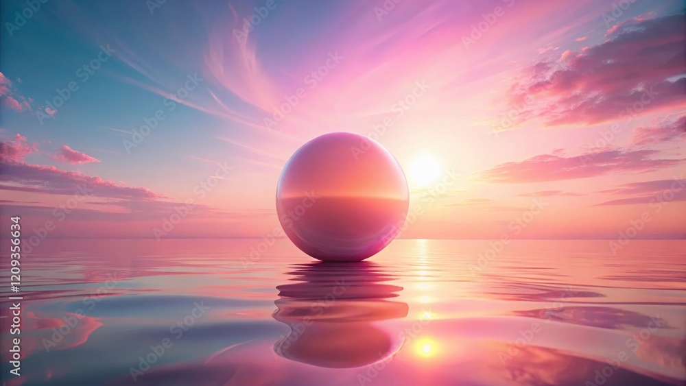 Serene Sphere on Calm Waters at Sunset, Reflecting Peaceful Colors of the Sky