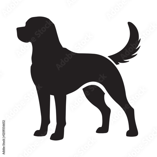 A simple silhouette of a standing dog representing alertness, loyalty, companionship, and strength.