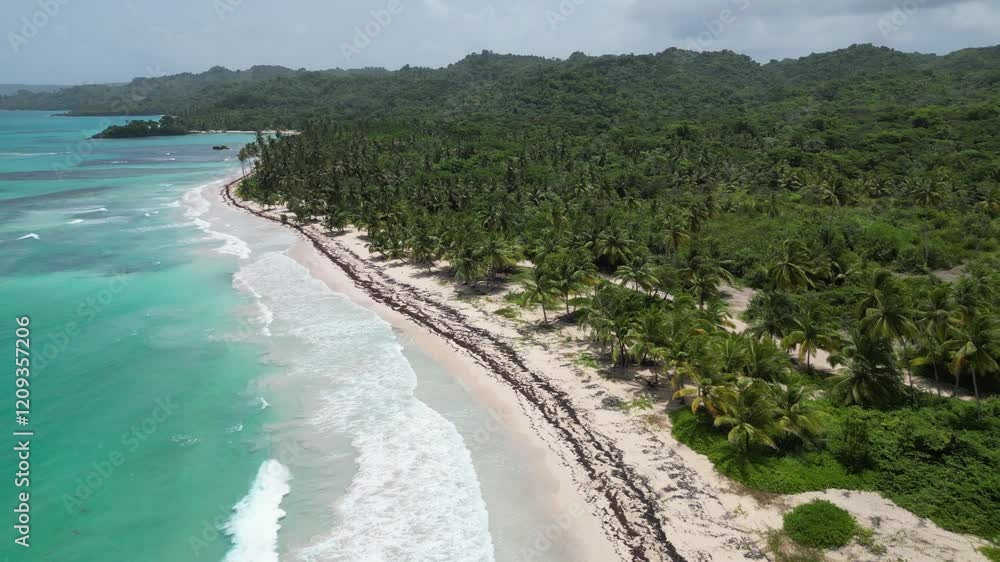 Aerial view of idyllic Playa Rincón beach near Las Galeras on the lush and mountainous Samaná peninsula in the Dominican Republic Aerial view of idyllic Playa Rincón beach near Las Galeras on the lush and mountainous Samaná peninsula in the Dominican Republic