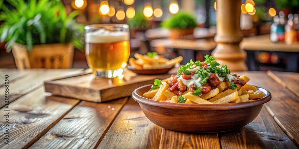Delicious Loaded Potato Fries with Creamy Sauce and Fresh Herbs in a Rustic Wooden Bowl, Served with a Refreshing Glass of Beer on a Wooden Table Delicious Loaded Potato Fries with Creamy Sauce and Fresh Herbs in a Rustic Wooden Bowl, Served with a Refreshing Glass of Beer on a Wooden Table