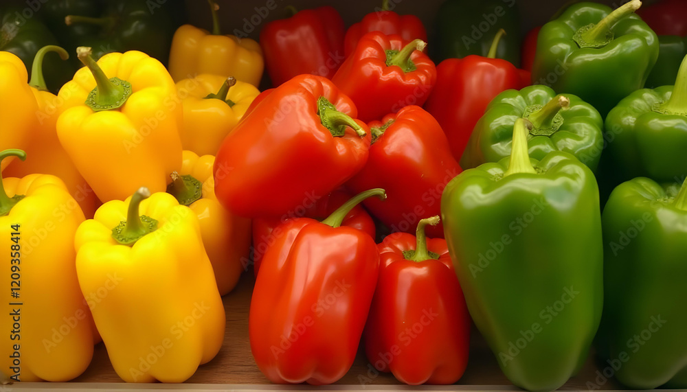 Pimientos rojos, verdes y amarillos en la sección de verduras del supermercado Pimientos rojos, verdes y amarillos en la sección de verduras del supermercado